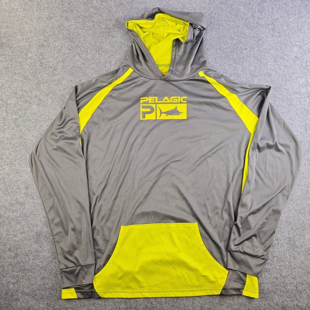 Pelagic Mens Performance Sun Hoodie Gray Yellow Logo Fishing Shirt Size XL